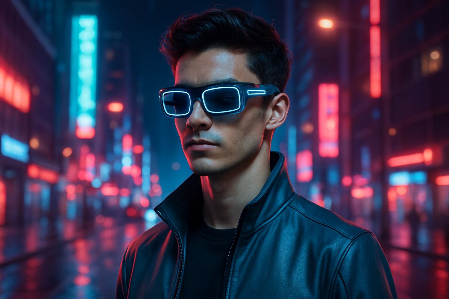 A futuristic young man wearing stylish smart sunglasses with glowing accents, standing confidently in a modern city at night with neon lights. The sunglasses look advanced and high-tech, symbolizing 2025 fashion and technology. The vibe should be cool, unique, and futuristic — showing that the person is ahead of everyone else in style and tech.